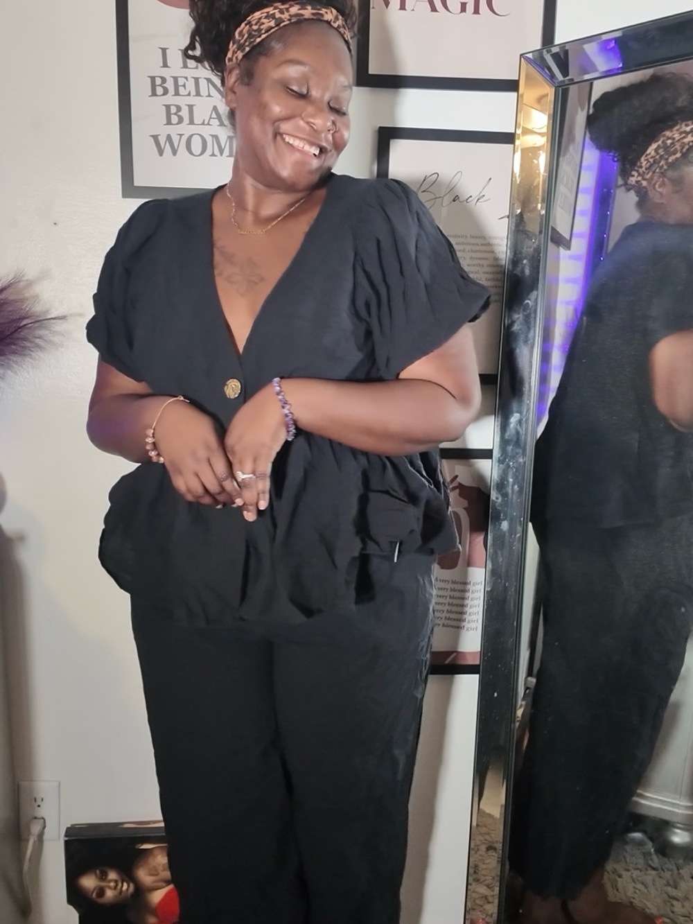 Black V-Neck Peplum Two Piece set